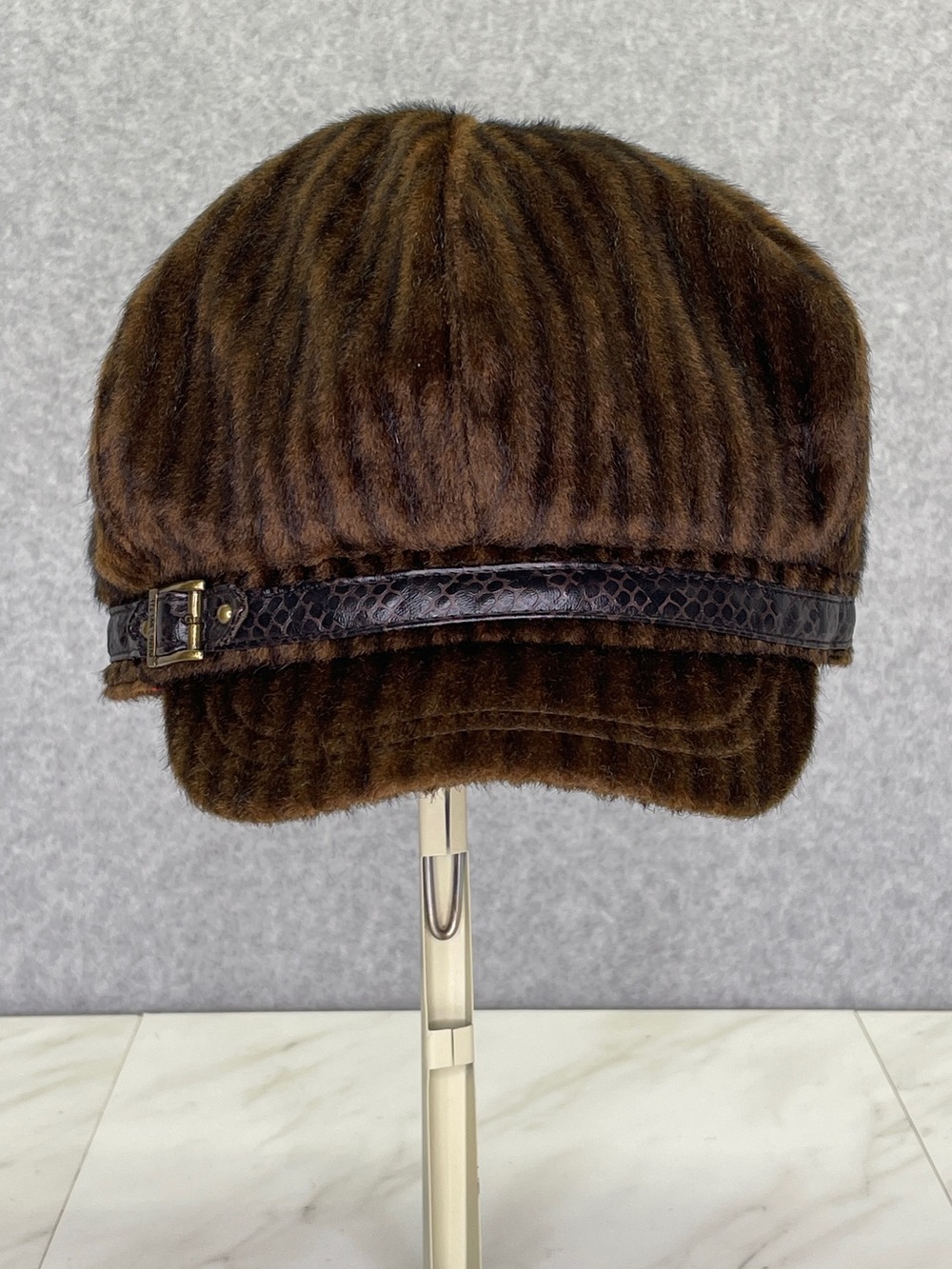Vintage Nine West Faux Fur Newsboy Hat with Snake Print Trim, Red Satin Lining